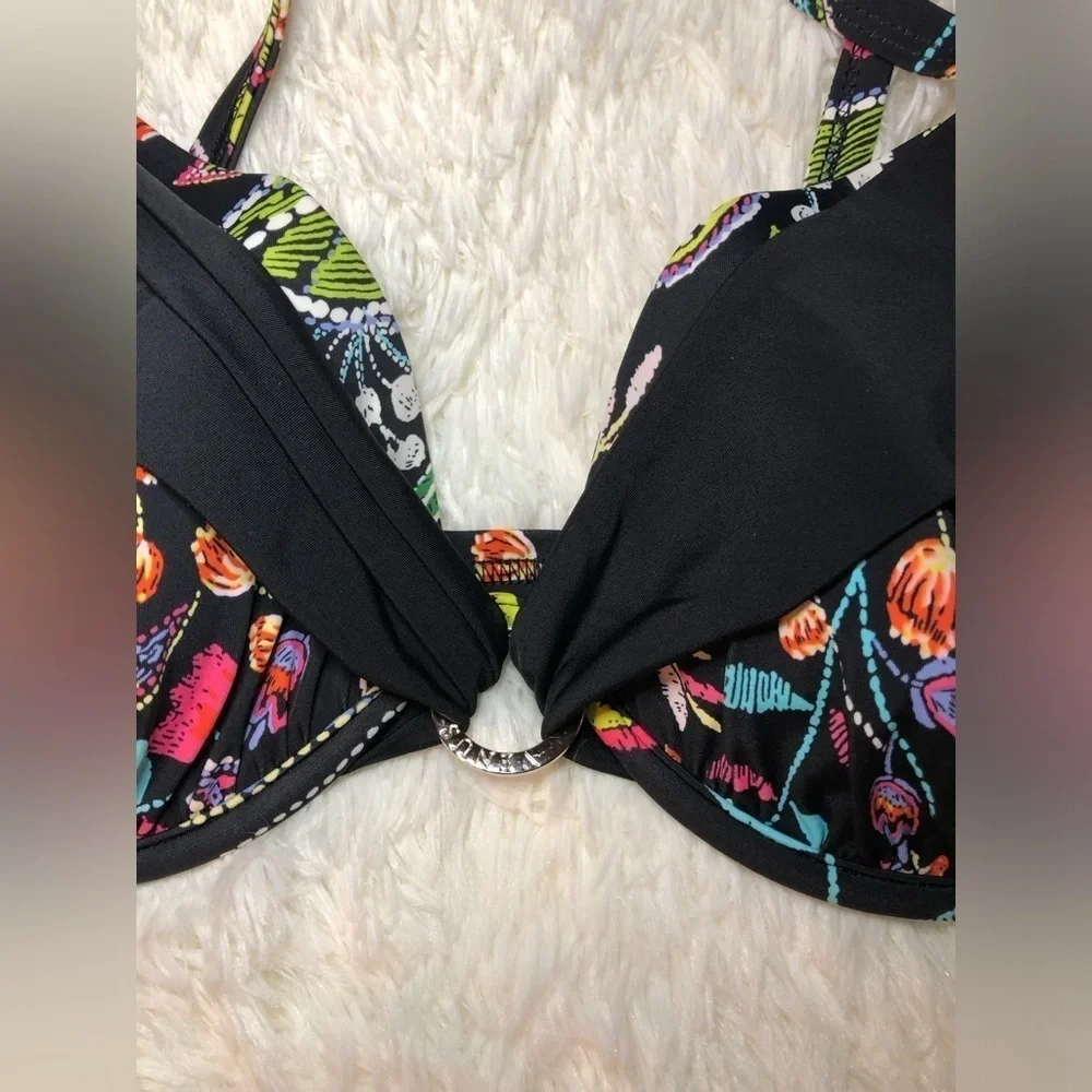 VENUS Black Bikini Top with tropical bright floral design size D